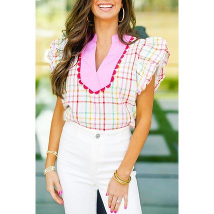 White Plaid Flutter Sleeve Colorblock Ric Rac Split V Neck Blouse
