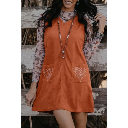 Gold Flame Corduroy Western Embroidered Patched Pocket Shift Sleeveless Mini Dre