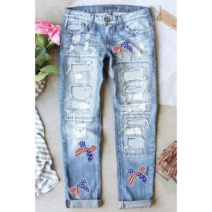Light Blue Flag Pattern Inspired Sequin Bow Graphic Distressed Jeans