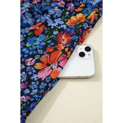 Blue Floral Print Tassel Tie V Neck Long Sleeve Flowy Long Dress