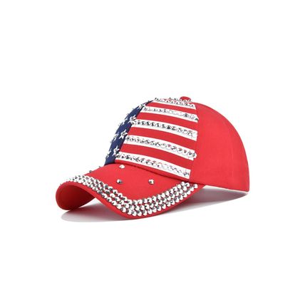 Fiery Red American Flag Rhinestone Decor Baseball Cap