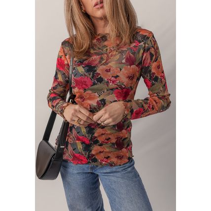 Multicolour Floral Print Lettuce Trim Long Sleeve Mesh Top