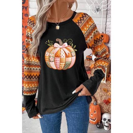 Orange Cute Pumpkin Graphic Geo Print Raglan Long Sleeve Tee