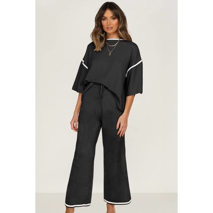Black Contrast Trim Half Sleeve Top Drawstring Pants Loose 2pcs Sweater Suit
