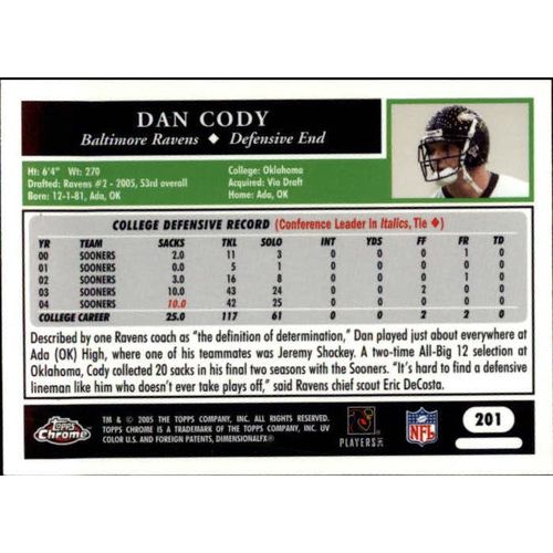 2005 Topps Chrome Football Dan Cody RC #201
