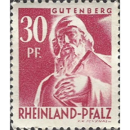 RHEINLAND PFALZ, Johannes Gutenberg, pink 1948, 30pf