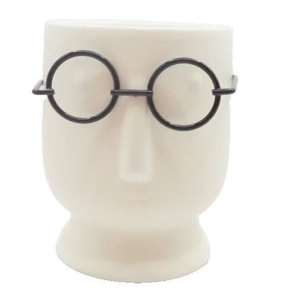 Geometric Head Ornament White Ceramic Wearing Black Glasses 9 CM Gift Home Decor