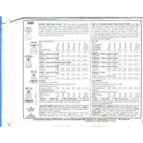 McCalls 8495 Sewing Pattern Misses Dress 5 Styles & Tie Belt Size 6 Used