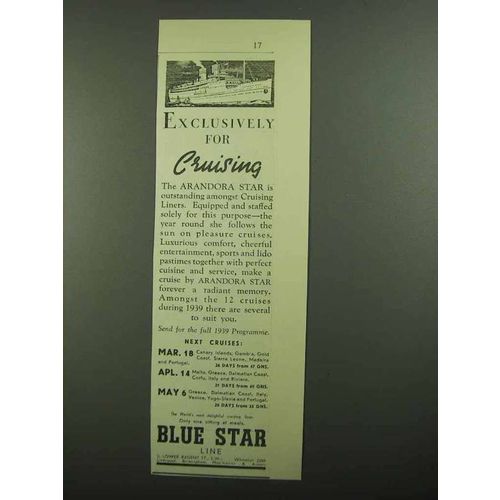 1939 Blue Star Line Andora Star Cruise Ad - Exclusively for Cruising