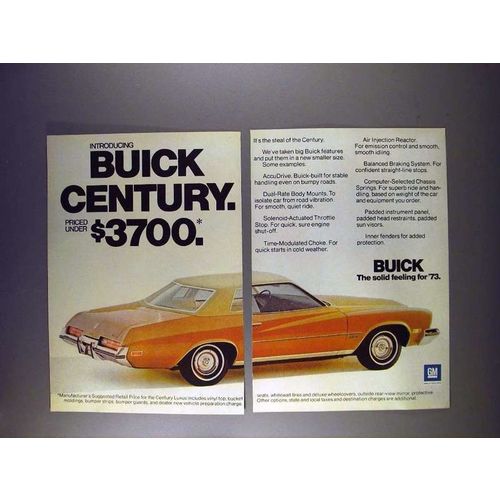 1973 2-page Buick Century Car Ad - Priced Under $3700