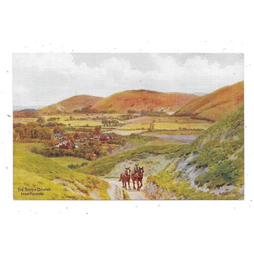 ARTIST DRAWN POSTCARD THE SOUTH DOWNS SUSSEX FROM FULKING BY A.R.QUINTON (1917)