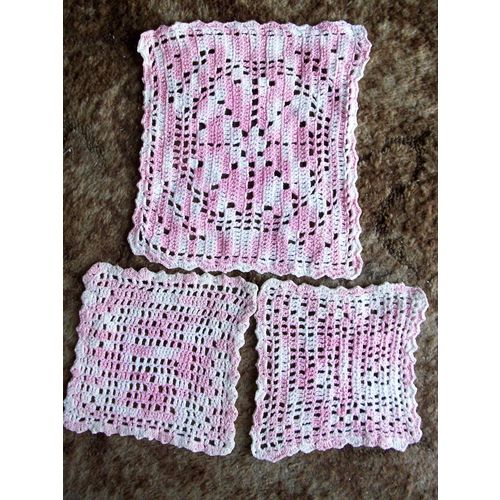 PINK & WHITE HAND CROCHET MATS x 3 VINTAGE 1960s **GC**