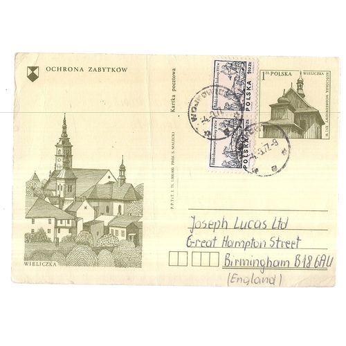 WIELICZKA, POLAND used vintage postcard 1972 postmark stiff paper #