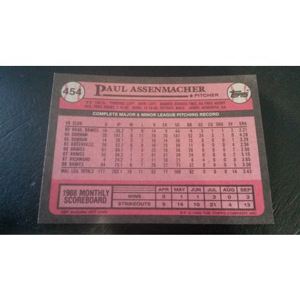 1989 Topps Card # 454 Paul Assenmacher Excellent (5) Atlanta Braves