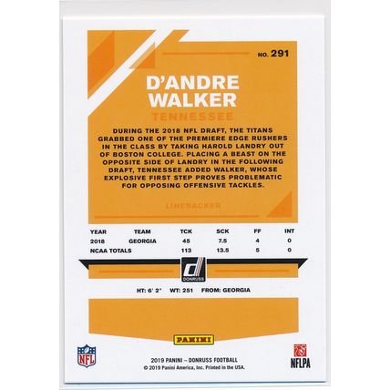 2019 Donruss Football Base 291 D'Andre Walker RC Tennessee Titans