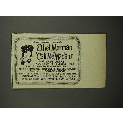 1952 Call me Madam Play Ad - Leland Hayward presents Ethel Merman