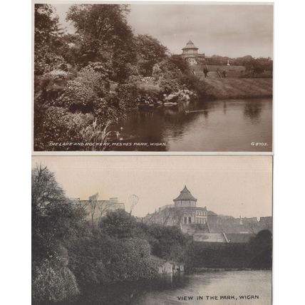 The Lake & Rockery Mesnes Park Wigan 2x WW2 Rare Old Postcard s