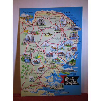 MAP OF EAST ANGLIA unused postcard by E T W Dennis #