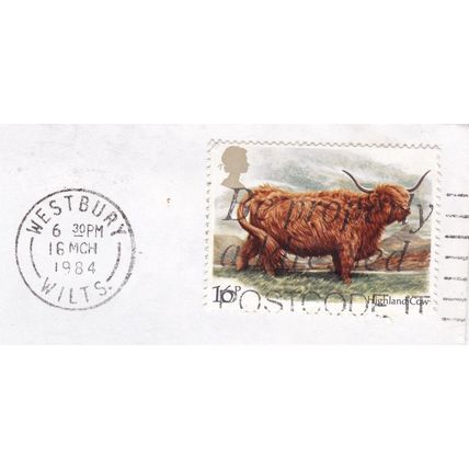 GB 1984 Highland Cow FU SG 1240 Westbury cancel+Slogan on piece VGC