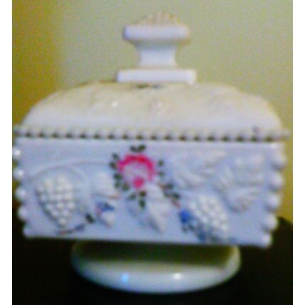 Hobnail milk glass square pedestal lidded dish floral design