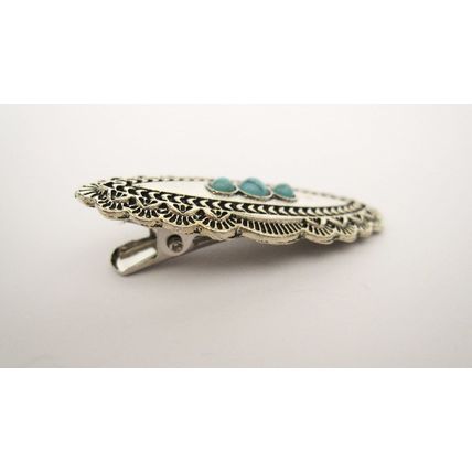 Small oval turquoise blue and silver metal hair clip barrette fine thin hair