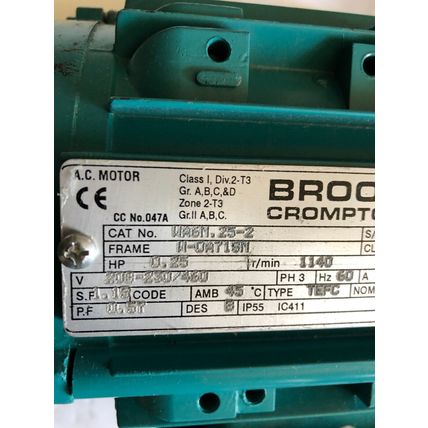 NEW BROOK CROMPTON WA6N.25-2,WA6M.25-2 INVERTER DUTY MOTOR. 0.25HP, 1140RPM,AA