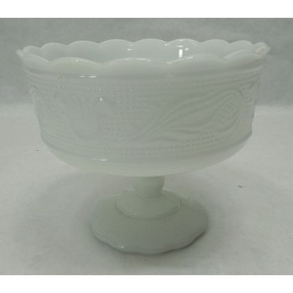 EO Brody Milk Glass Compote Bowl M 6000 Pedestal Bowl Scallop Rim Cleveland VTG