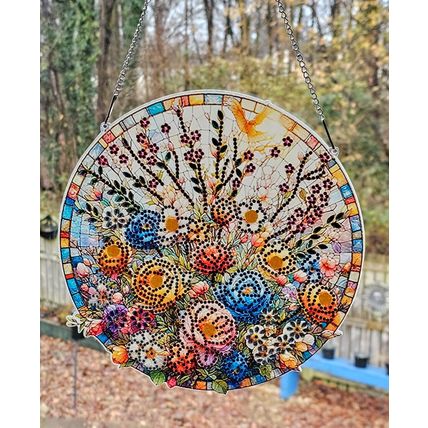 Completed Diamond Art Floral Pattern Suncatcher Mobile Size 9.5 Inches Diameter