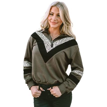 Green Leopard Contrast Splicing Quarter Zip Sweatshirt