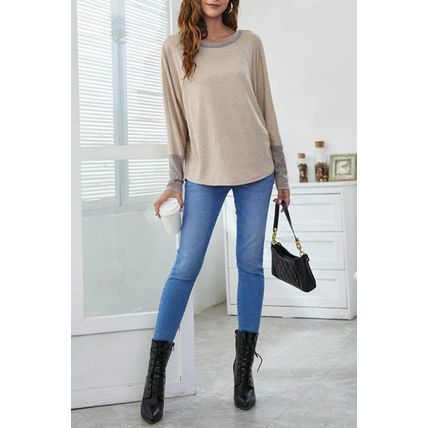 Khaki Contrast Cuffs Batwing Sleeve Loose Top