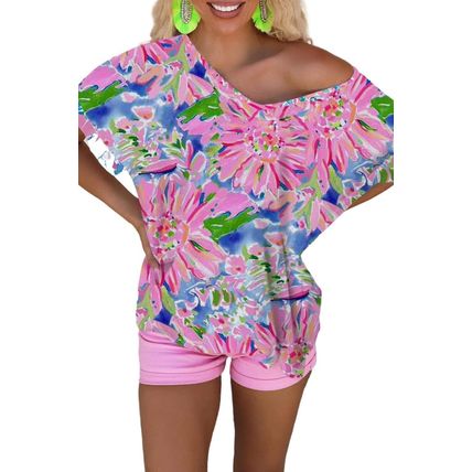 Pink Floral Print Loose Fit V Neck T Shirt