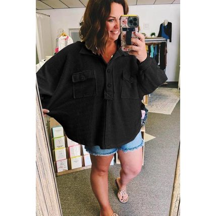 Black Plus Size Long Sleeve Flap Pocket Henley Top