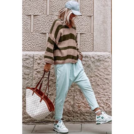Green Striped Colorblock Knit V Neck Loose Fit Sweater