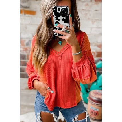 Red Studded V Neckline Exposed Seam Textured Knit Top