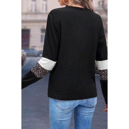 White Leopard Colorblock Patchwork Crew Neck Long Sleeve Tee