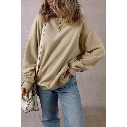 Parchment Solid Fleece Lined Crew Neck Casual Sweatshirt