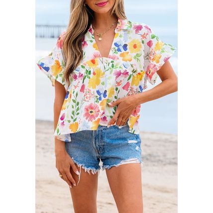 Yellow Floral Boxy Fit Ruffled Short Sleeve V Neck Blouse