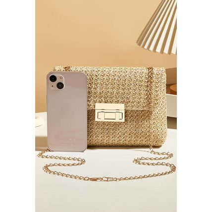 Camel Woven Chain Strap Flap Shoulder Bag