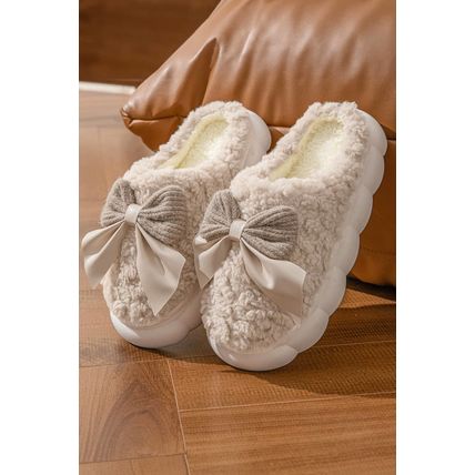 Camel Contrast Bowknot Applique Plush Winter Slippers (Bow Colors May Differ by