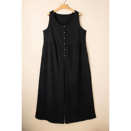 Black Plus Size Sleeveless Button Front Loose Jumpsuit