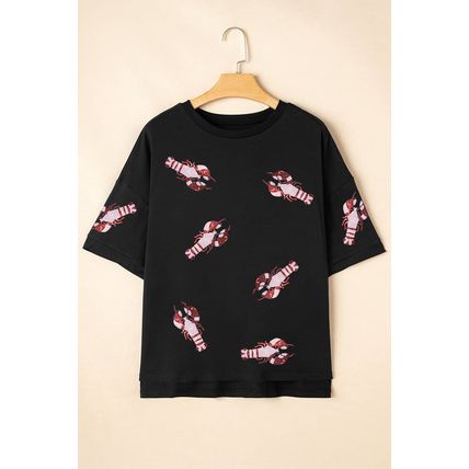 Black Sequin Crayfish Graphic Drop Sleeve High Low Tee