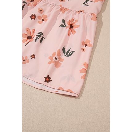 Pink Floral V Neck Smocked High Waist Ruffle Hem Long Dress