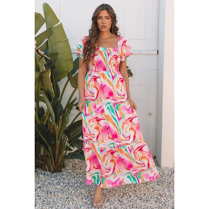 Pink Abstract Print Ruffled Sleeve Smocked Bust Maxi Dress