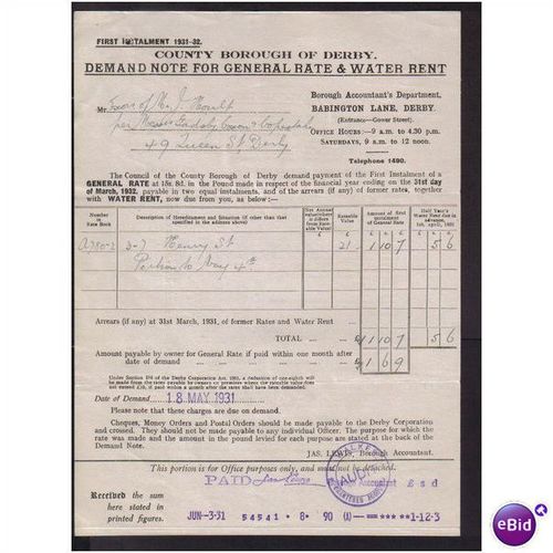COUNTY BOROUGH OF DERBY,DEMAND NOTE ,18MAY1931