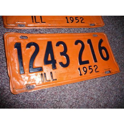 Vintage License Plate Matched Pair ILL 1952 IL 1243 216 Orange Black Go Bears!