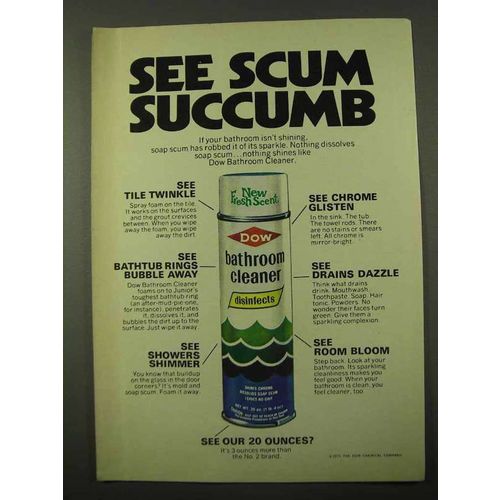 1971 Dow Bathroom Cleaner Ad - See Scum Succumb