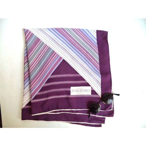 Jean D'Orly 70s Silk Scarf Purple Silver Ivory Chevron Geometric Rolled Mod