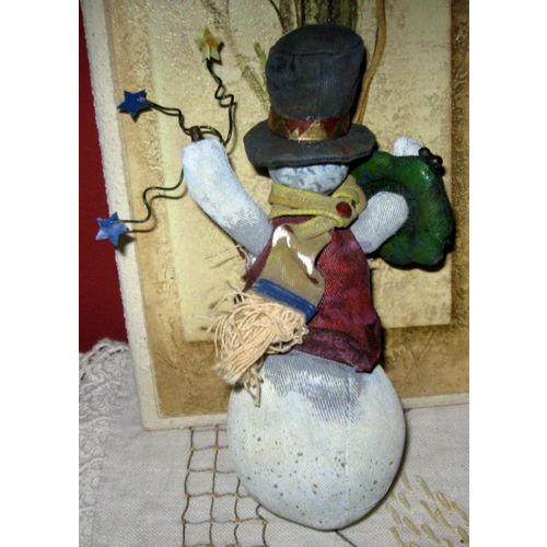 Painted Fabric Snowman, Tophat, Vest, Fringed Scarf, Wreath & Staff With Stars