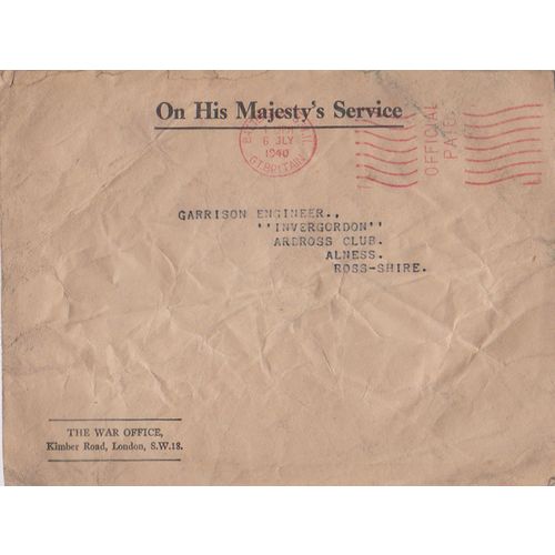 GB 1940 War Office post paid cover July 1940 to Garrison Engineer Ardross Club