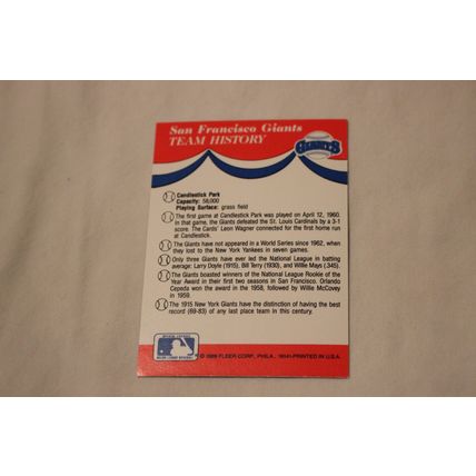 1989 Fleer San Francisco Giants Team History Stickerback TEAM LOGO Sticker